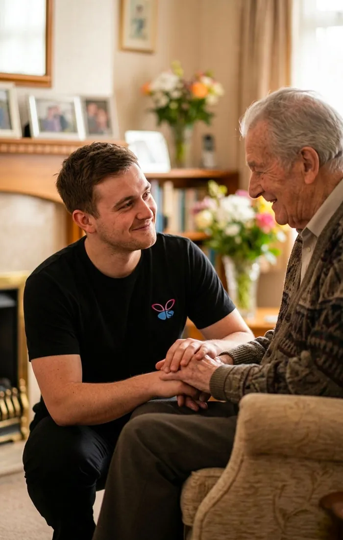 Care professional sharing a warm moment with an elderly client at home